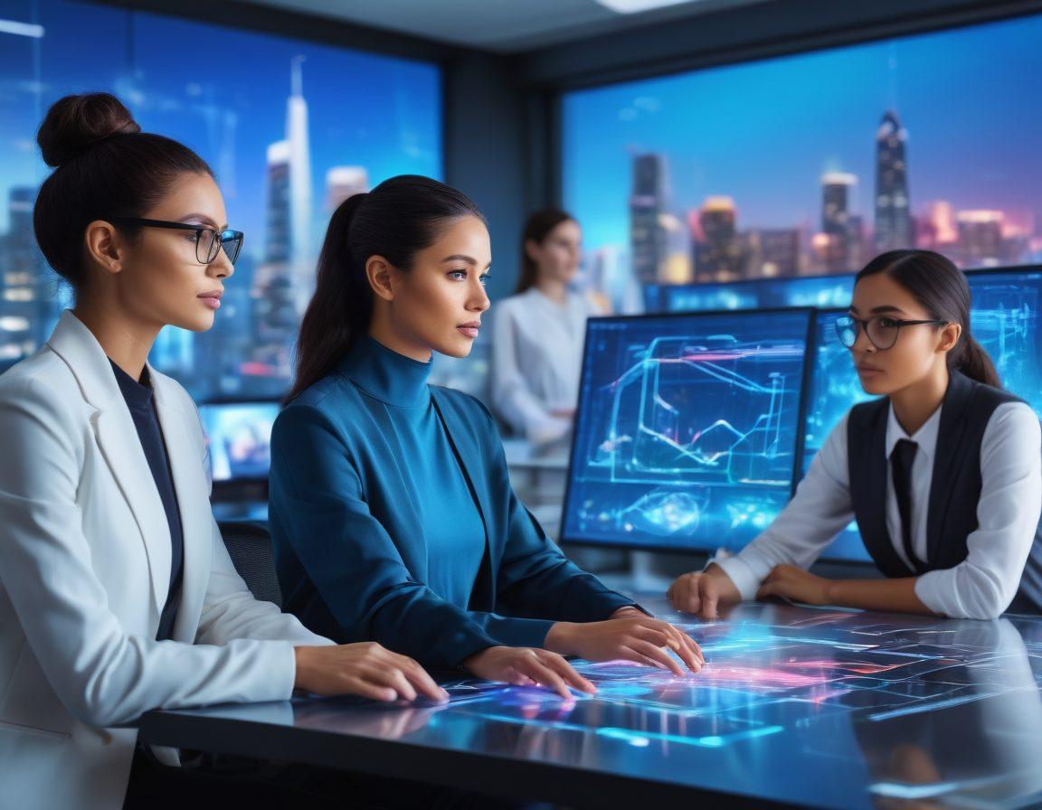 A group of confident, diverse female tech experts working on futuristic UI/UX designs and cloud desktop interfaces. They are surrounded by cutting-edge technology, holographic displays, and digital blueprints in a modern, sleek office environment. The background features a skyline of a high-tech city. semi-realistic. vibrant colors. futuristic.