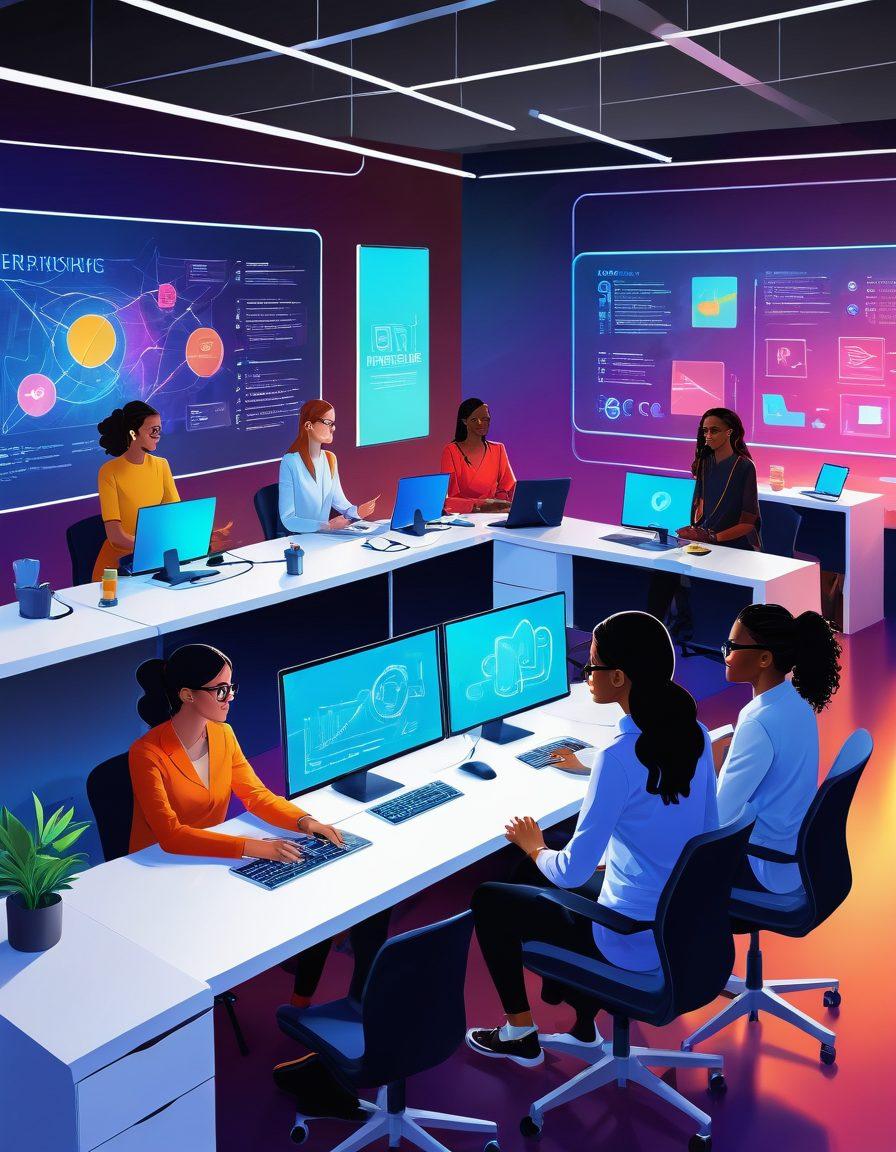 A dynamic illustration featuring diverse women in tech collaborating through futuristic online workspaces. Depict virtual meetings, coding sessions, and innovative brainstorming, all set in vibrant, holographic environments. Emphasize empowerment, inclusivity, and technology seamlessly blending with everyday life. vector art. vibrant colors.
