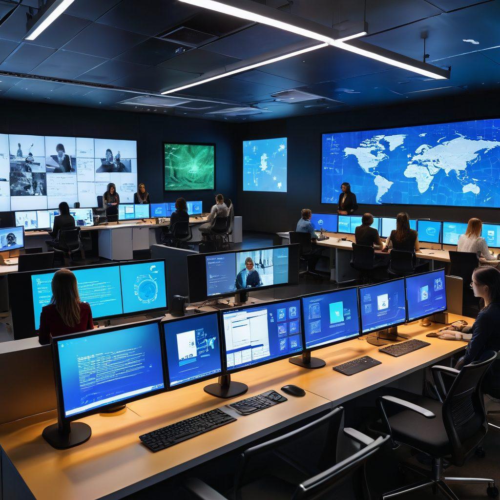 A bustling digital workspace with diverse women in tech collaborating on multiple projects shown on holographic screens, each featuring web desktops and apps. The scene is set in a futuristic, sleek office space with bright, vibrant tones representing innovation and inclusivity. super-realistic. vibrant colors. futuristic style.